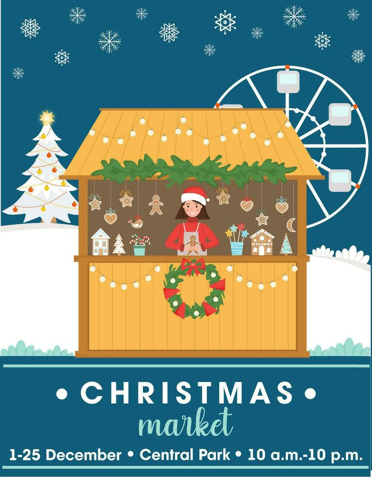 Kerstmis markt reclame poster. jong vrouw verkoopt snoepgoed Bij de kiosk. Kerstmis markt. markt in de vierkant. vector illustratie voor poster, folder, uitnodiging naar Kerstmis eerlijk.