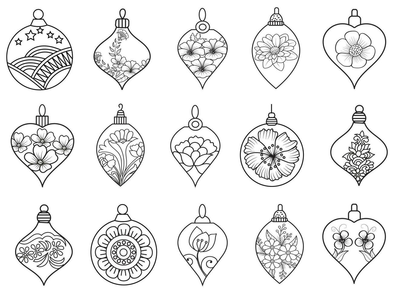 Kerstmis ornamenten reeks met ballen, sneeuwvlokken, hoeden, ster, Kerstmis boom, oranje, sok, geschenk, drinken en slingers. vector pictogrammen voor bedrijf en vakantie