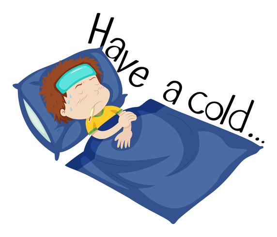 Wordcard voor verkouden worden met jongen die ziek in bed ligt vector