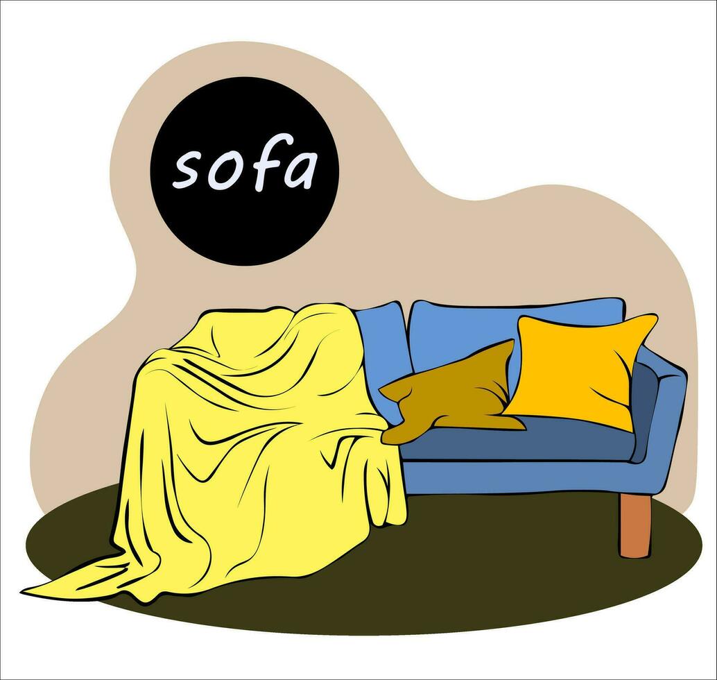 zacht sofa Aan poten met kussens en geel deken voor ontspanning. gestoffeerd meubilair voor de interieur vector