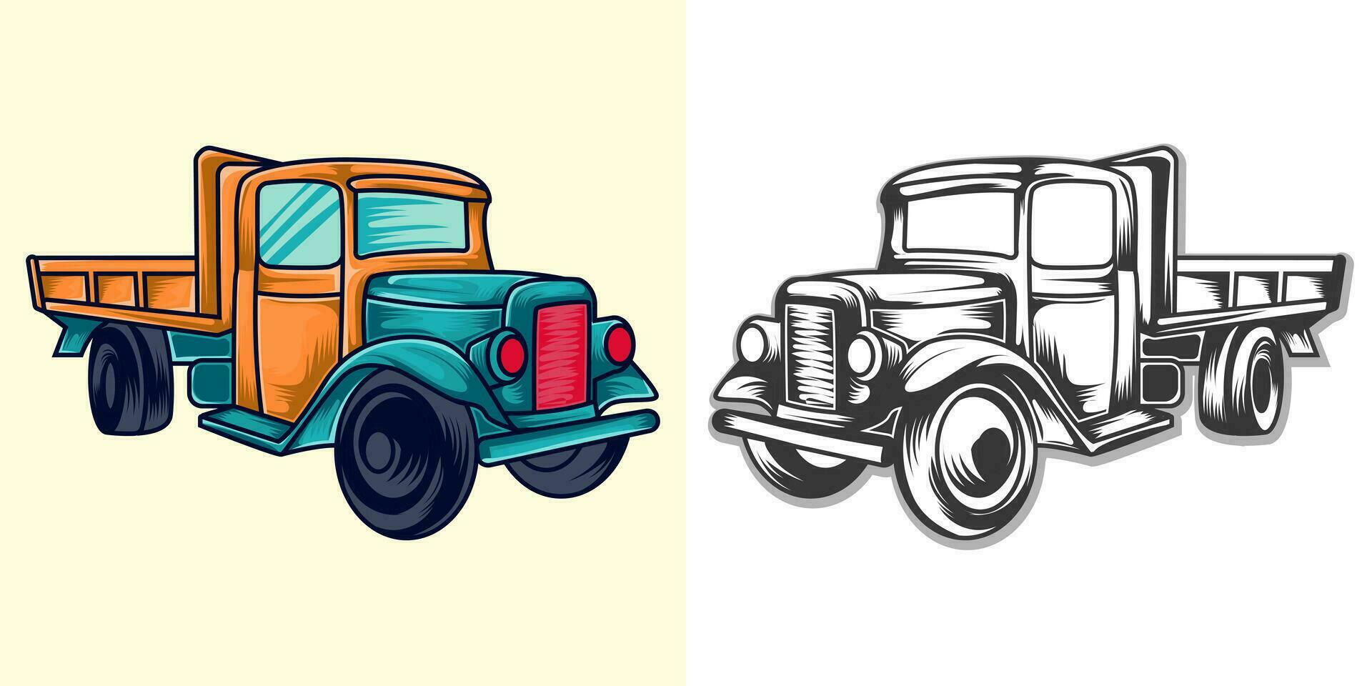 wijnoogst vrachtauto illustratie en zwart vector ontwerp.