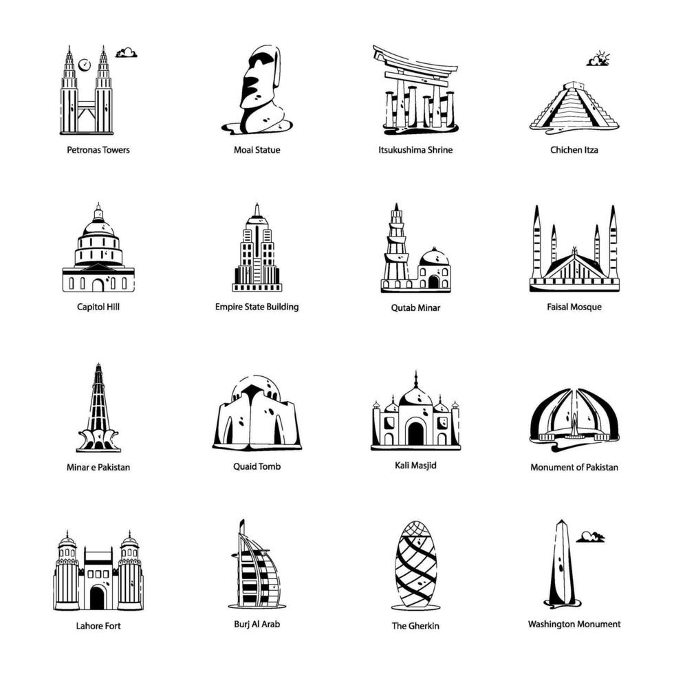 reeks van s werelds beroemd monumenten glyph pictogrammen vector