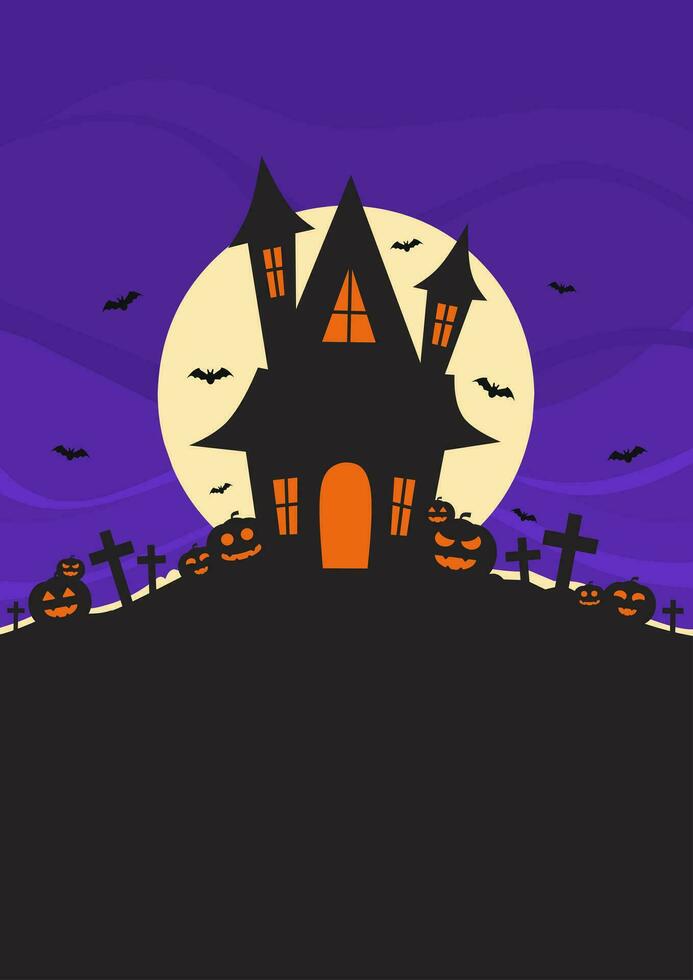 a4 sjabloon poster van halloween met achtervolgd huis en vol maan achter het met sommige eng pompoenen en vliegend vleermuizen vector