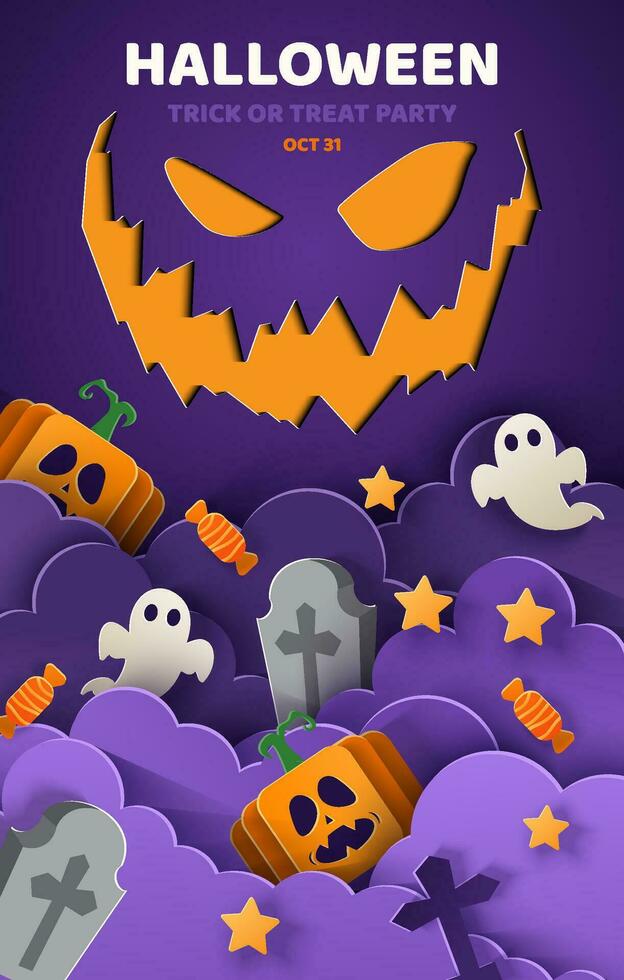 gelukkig halloween partij posters brochure achtergrond in papier besnoeiing stijl. vector