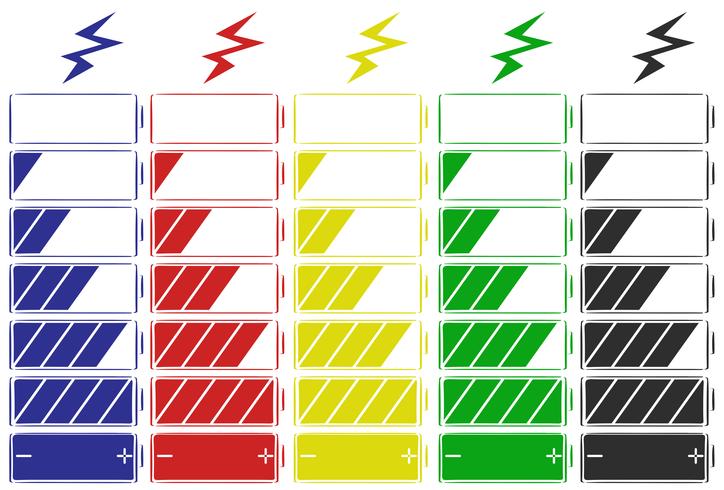 Batterijpictogram in vijf kleuren vector