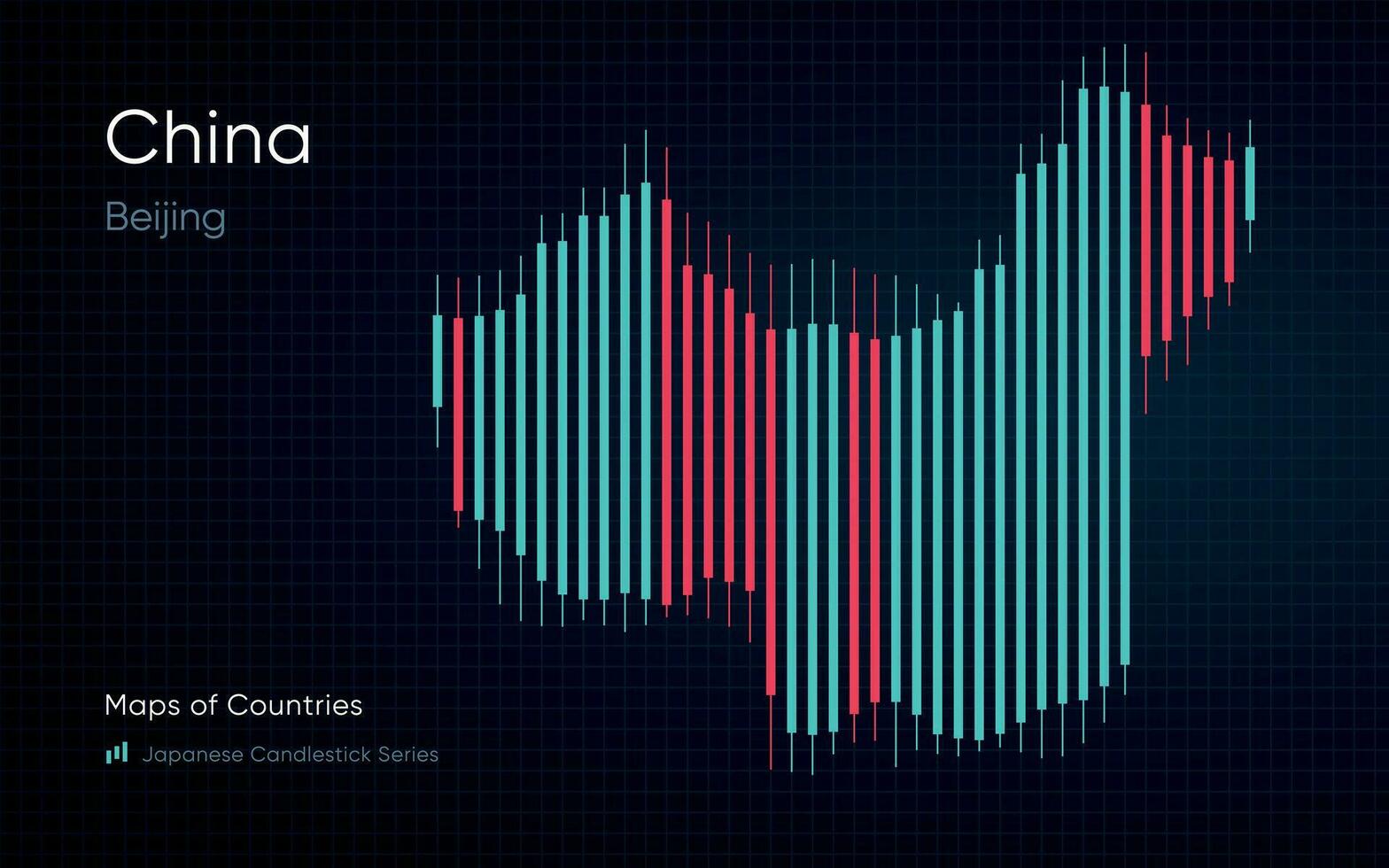 de China kaart is getoond in een tabel met bars en lijnen. Japans kandelaar tabel serie vector