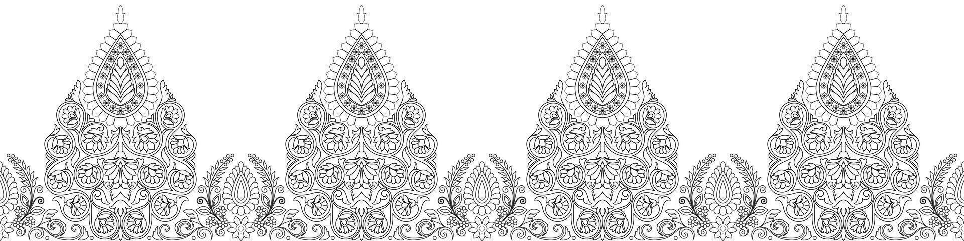 traditioneel Indisch paisley patroon. horizontaal bloemen, zwart lijnen. vector