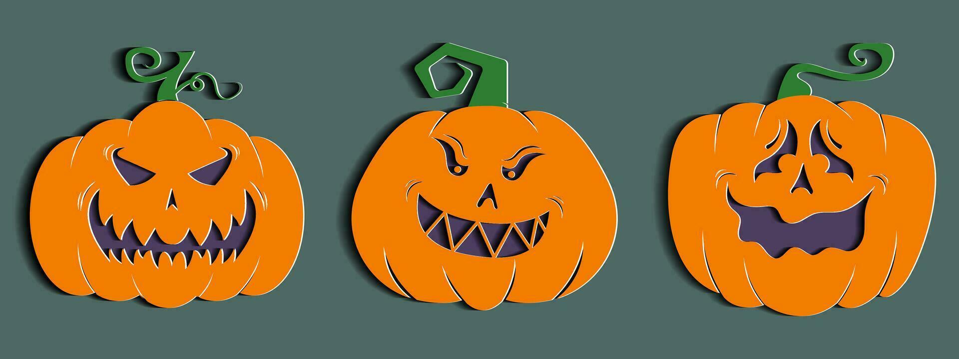 halloween pompoen reeks met uniek expressie in papier besnoeiing stijl. vector