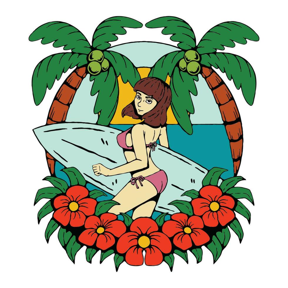 illustratie van een mooi vrouw surfing Bij de strand vector