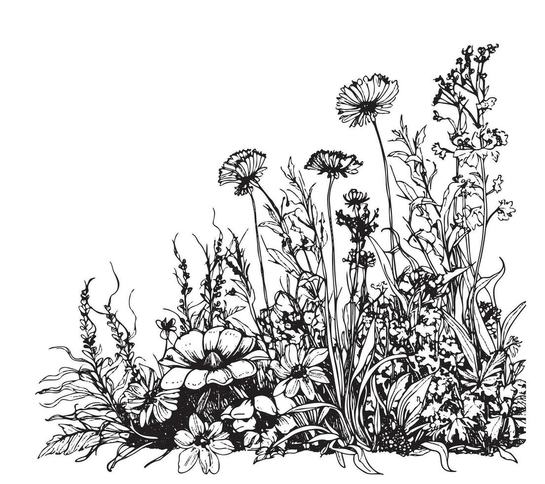 een deel van wild bloem veld- hand- getrokken schetsen in tekening stijl vector illustratie