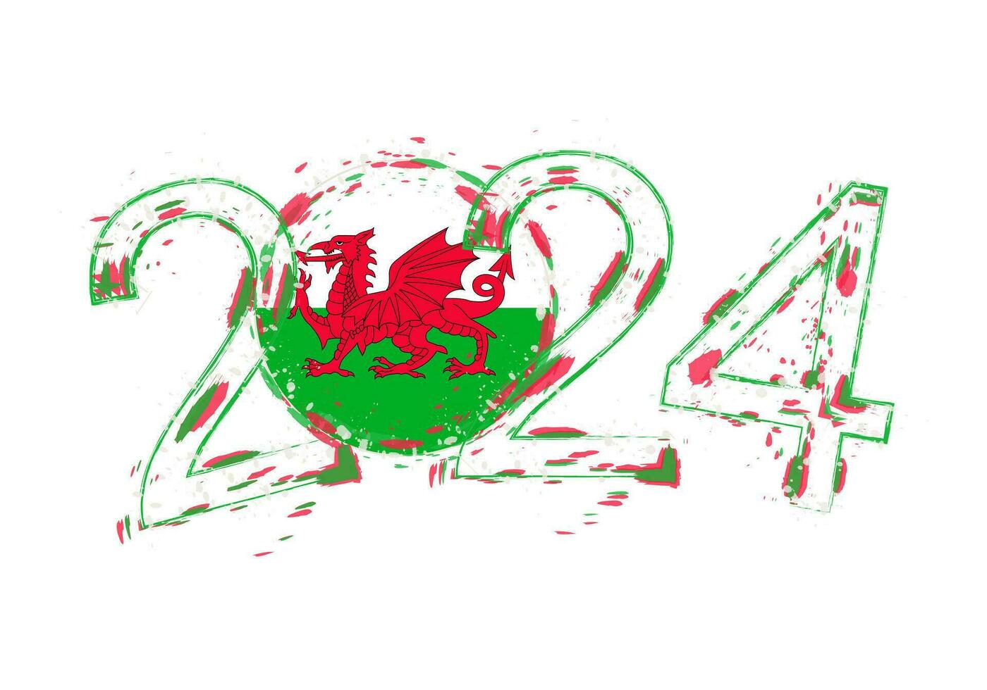 2024 jaar in grunge stijl met vlag van Wales. vector