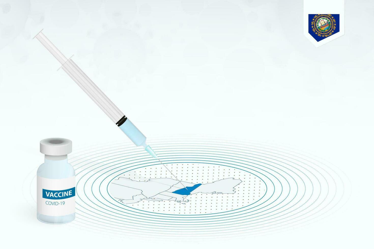 covid-19 vaccinatie in nieuw hampshire, coronavirus vaccinatie illustratie met vaccin fles en injectiespuit injectie in kaart van nieuw hampshire. vector