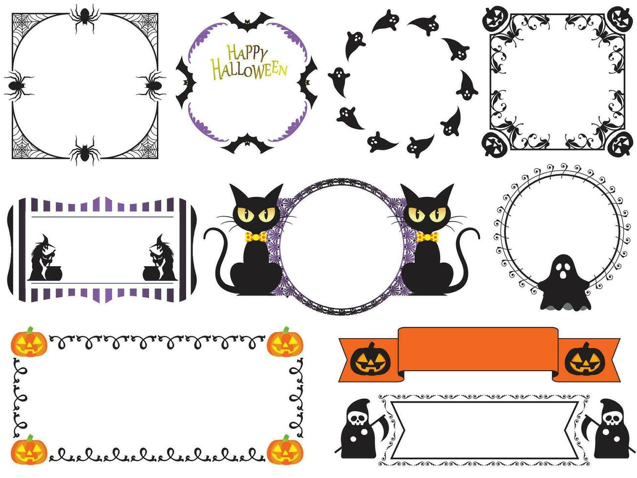 halloween kader reeks met kat, geest, heks en pompoen vector