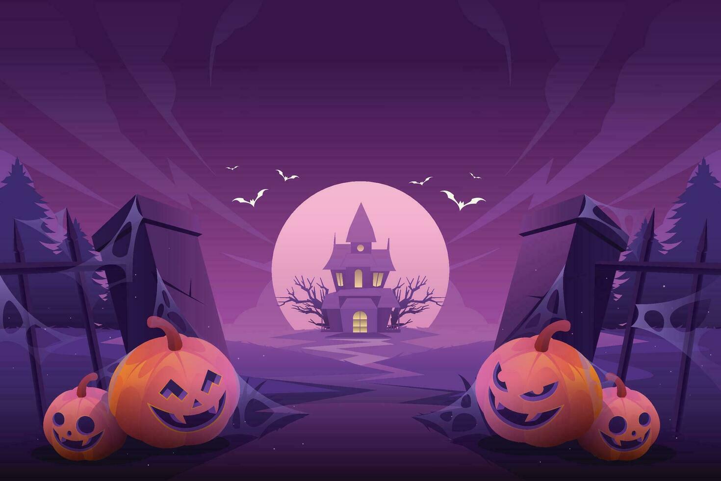 halloween achtergrond met pompoenen en een huis vector