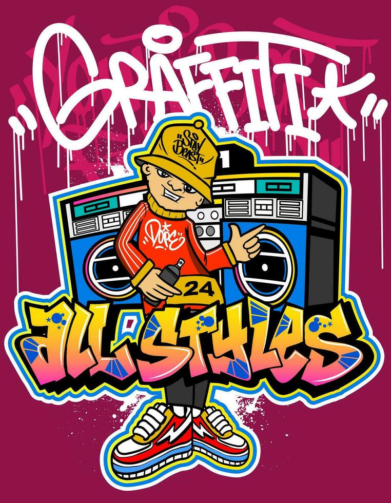 graffiti tekenfilm illustraties in levendig kleuren. straat kunst hiphop graffiti karakter ontwerp in vector illustraties.