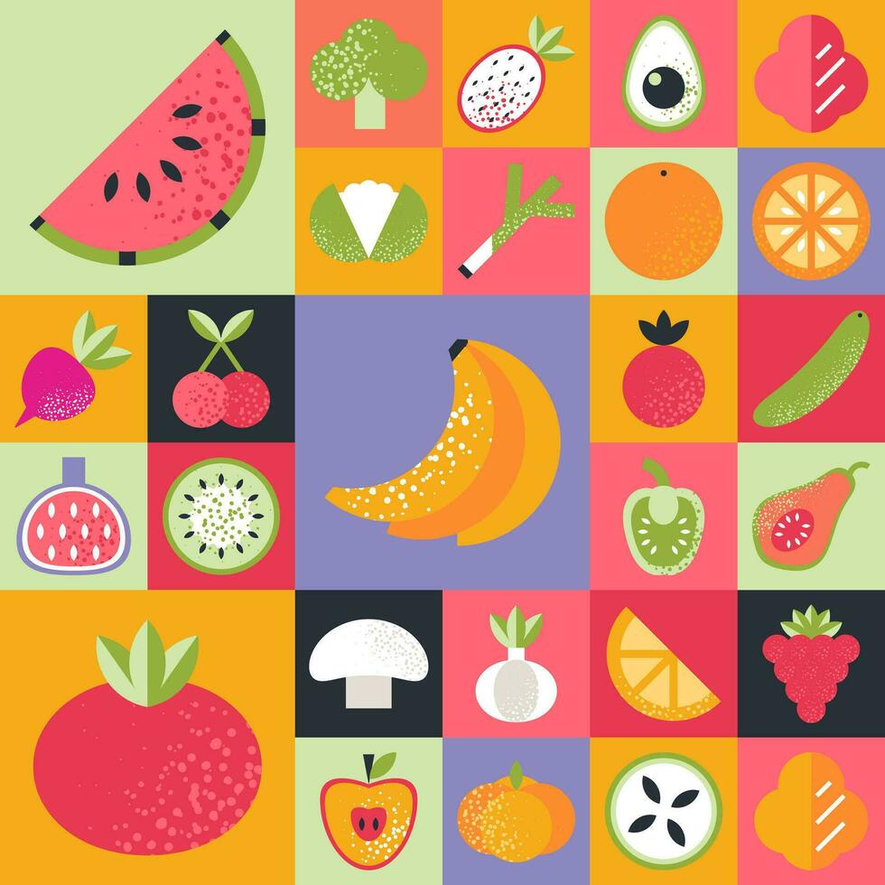 abstract meetkundig patroon met divers fruit en groenten in bauhaus stijl. retro rooster achtergrond. wijnoogst veelkleurig mozaïek- tegel met meetkundig vormen. structuur voor textiel, web, menu, restaurant vector
