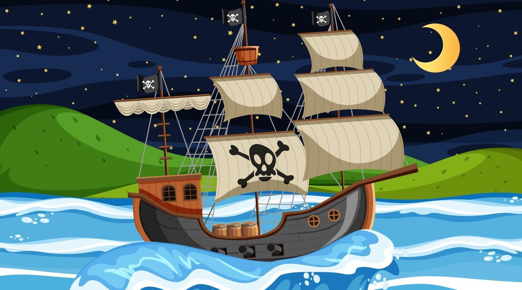 oceaan met piratenschip bij nachtscène in cartoonstijl vector