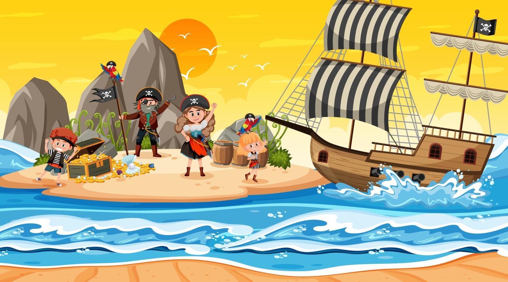 Treasure Island-scène in zonsondergangtijd met piratenkinderen vector