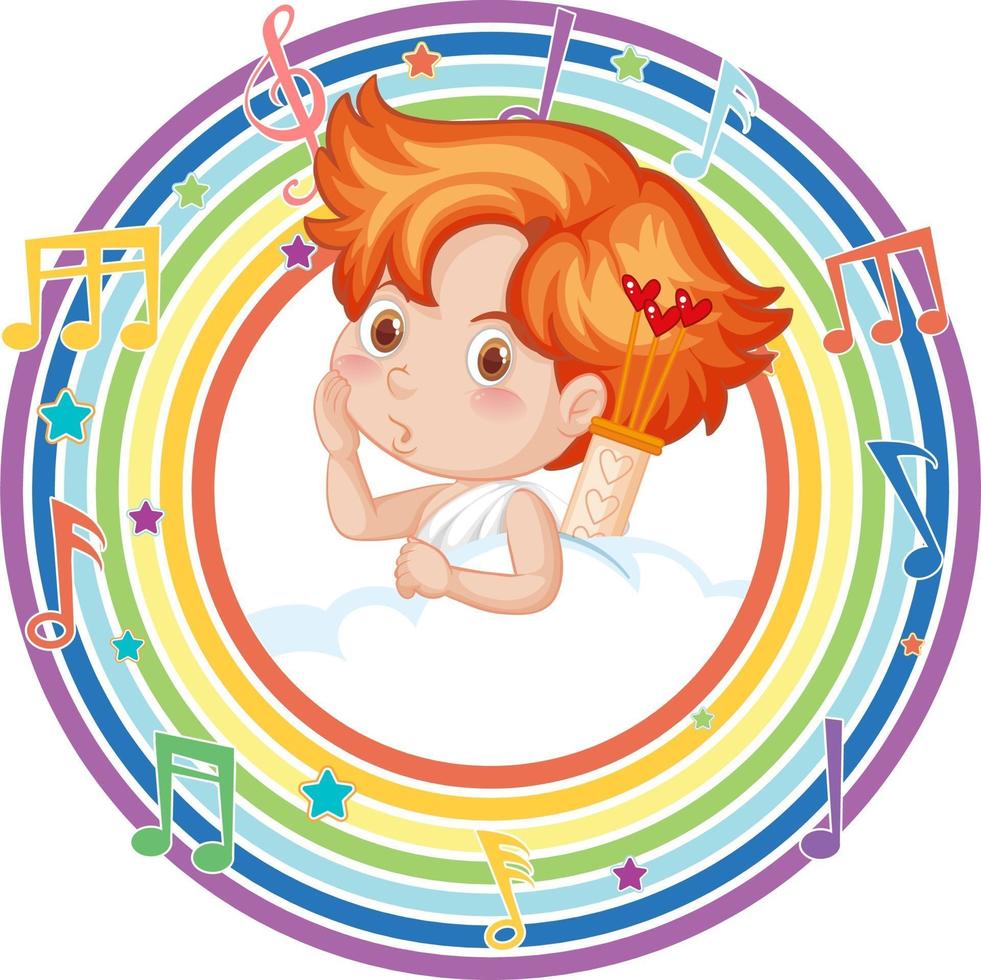 cupido in regenboog rond frame met melodiesymbool vector