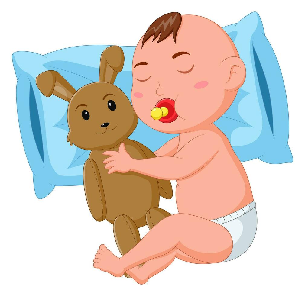 schattig baby slapen terwijl Holding een gevuld konijn. vector illustratie