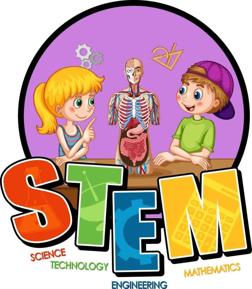 stam onderwijs lettertype logo met kinderen stripfiguur vector