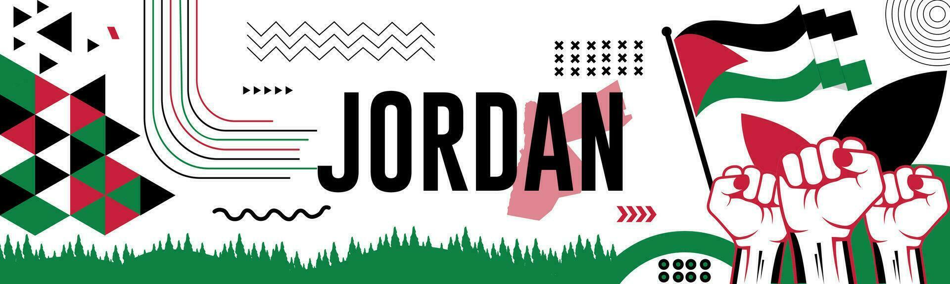 Jordanië nationaal dag banier met kaart, vlag kleuren thema achtergrond en meetkundig abstract retro modern kleurrijk ontwerp met verheven handen of vuisten. vector