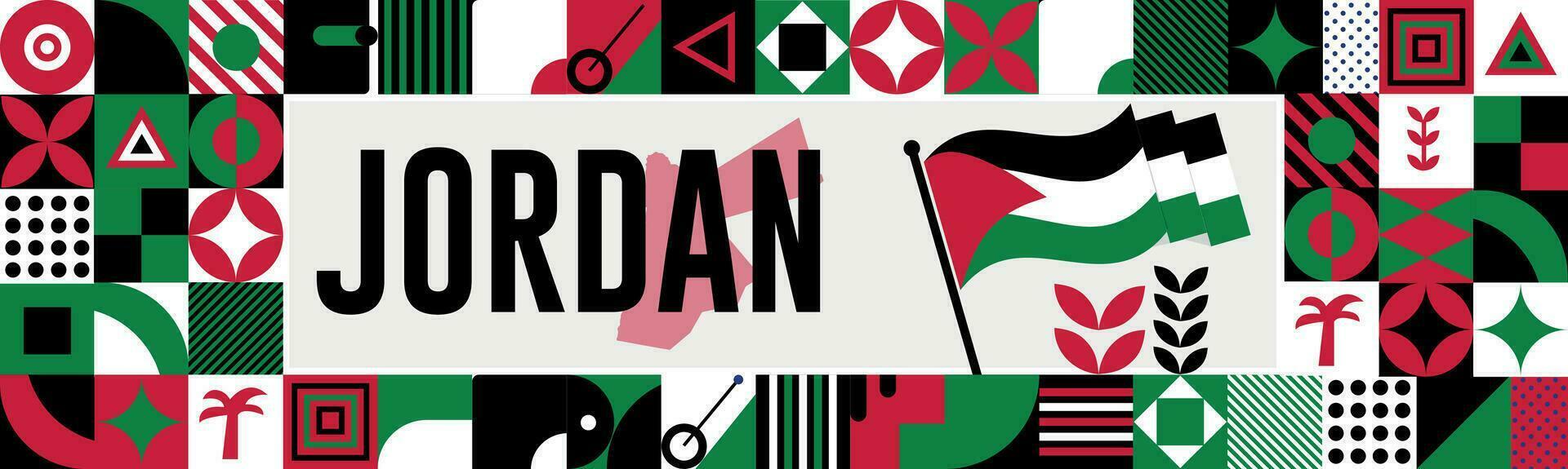 Jordanië nationaal dag banier met kaart, vlag kleuren thema achtergrond en meetkundig abstract retro modern kleurrijk ontwerp met verheven handen of vuisten. vector