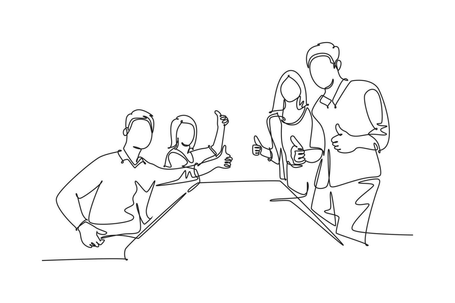 doorlopend een lijn tekening groep van jong gelukkig zakenlieden en onderneemsters geven duimen omhoog gebaar samen. bedrijf vergadering samenwerking. single lijn trek ontwerp vector grafisch illustratie