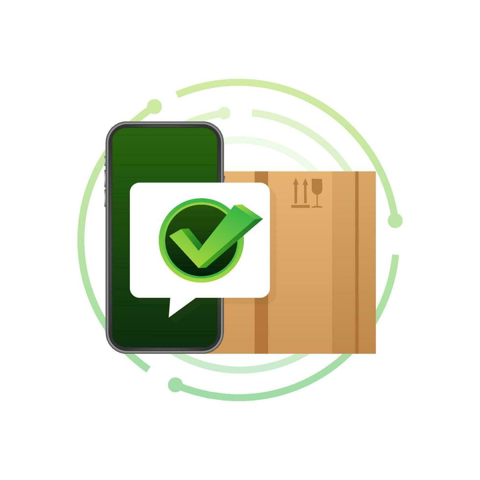 levering bestellen bevestiging. online levering en Verzending onderhoud. doos icoon en goedgekeurd. vector voorraad illustratie