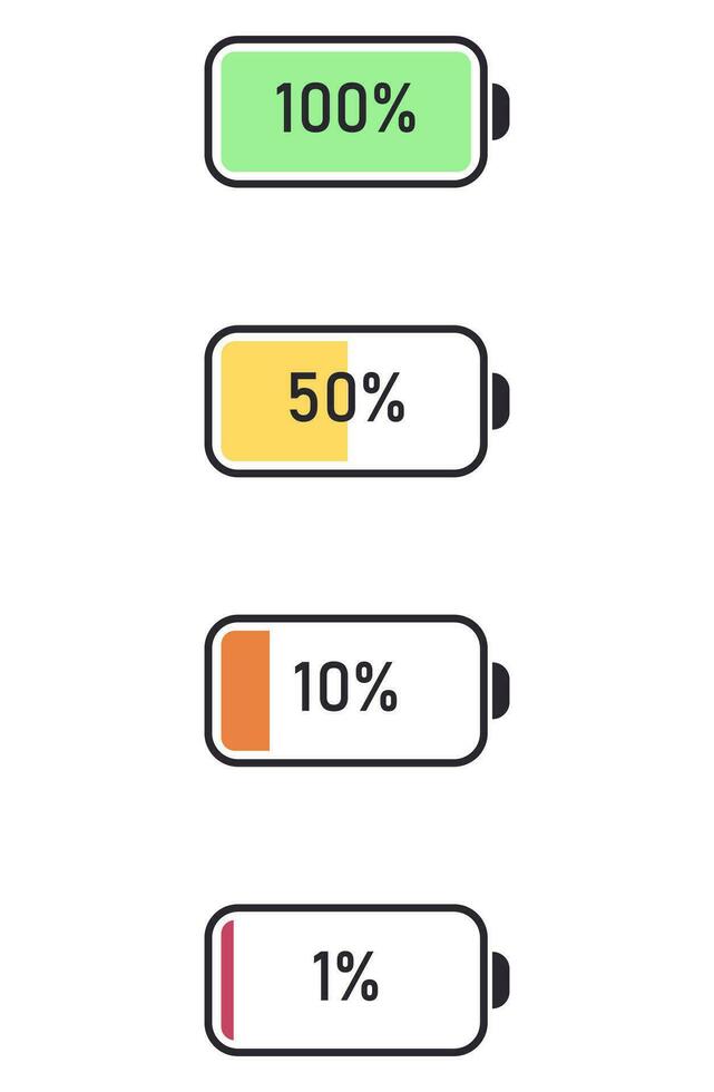 vector accu peilen symbool pictogrammen. een reeks van pictogrammen van de informatie staat van de accu. een reeks van indicatoren van de niveau van in rekening brengen van de accu. informatie pictogrammen voor opladen de telefoon accu