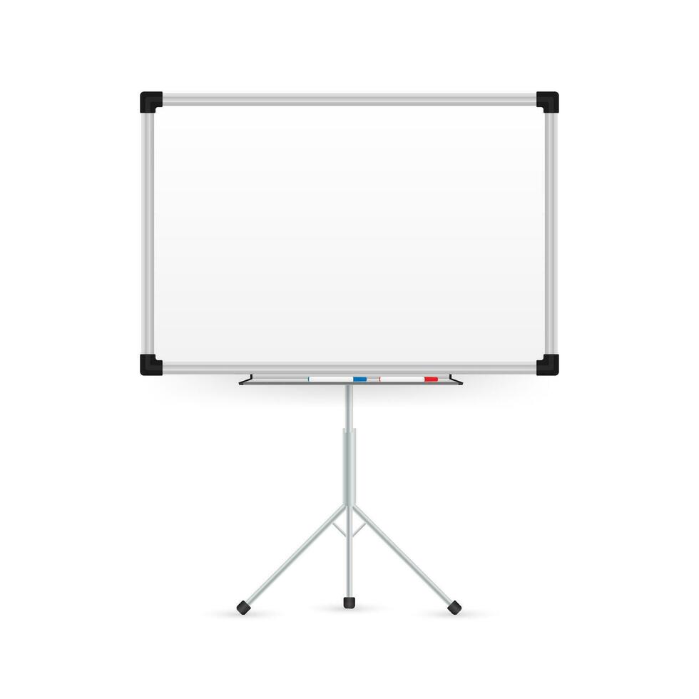 realistisch kantoor whiteboard. leeg whiteboard met markeerstift pennen. vector voorraad illustratie