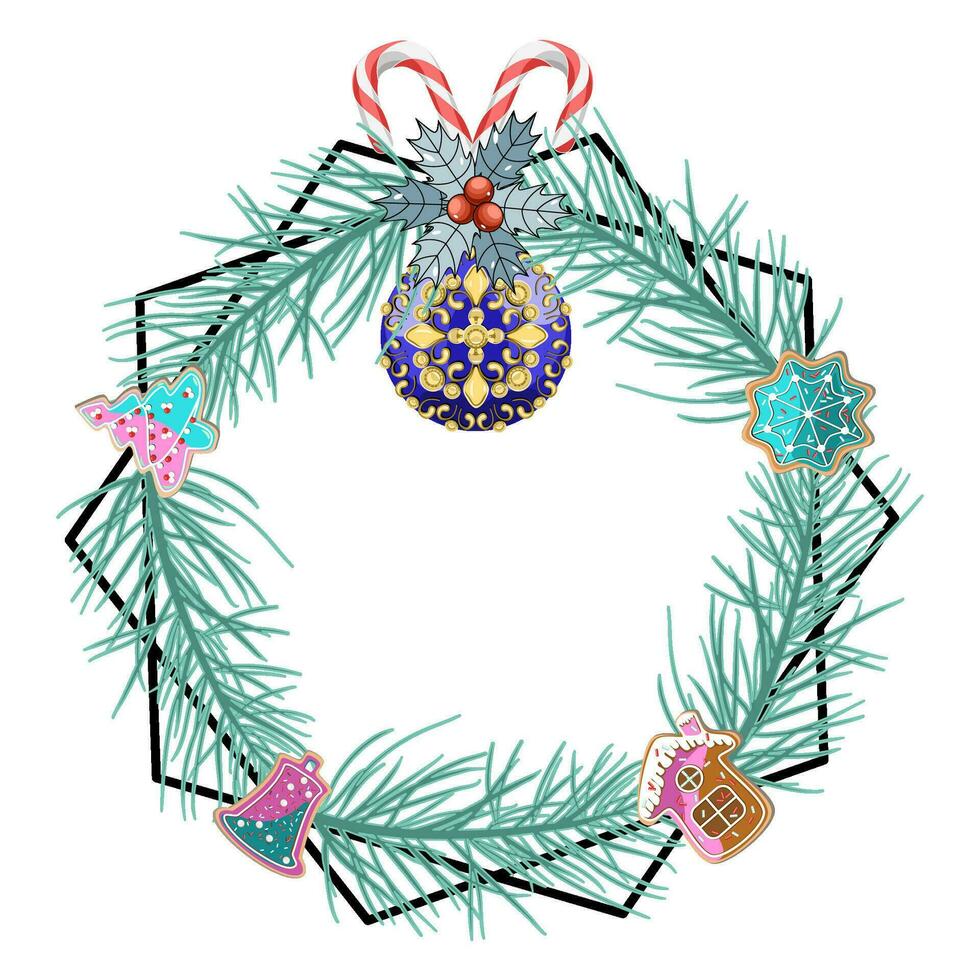 winter vakantie kader met Kerstmis ornament ballen, peperkoek koekjes, en pijnboom takken vector