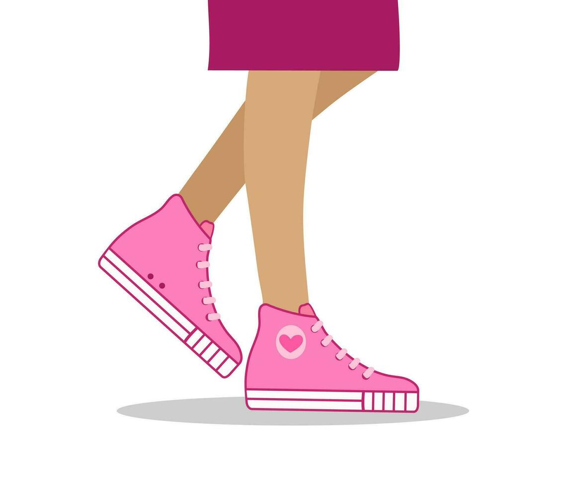 poten van een meisje in sportschoenen. roze sportschoenen voor jogging en sport. modern modieus schoenen, sport stijl. comfortabel rennen schoenen. vector illustratie Aan geïsoleerd wit achtergrond.