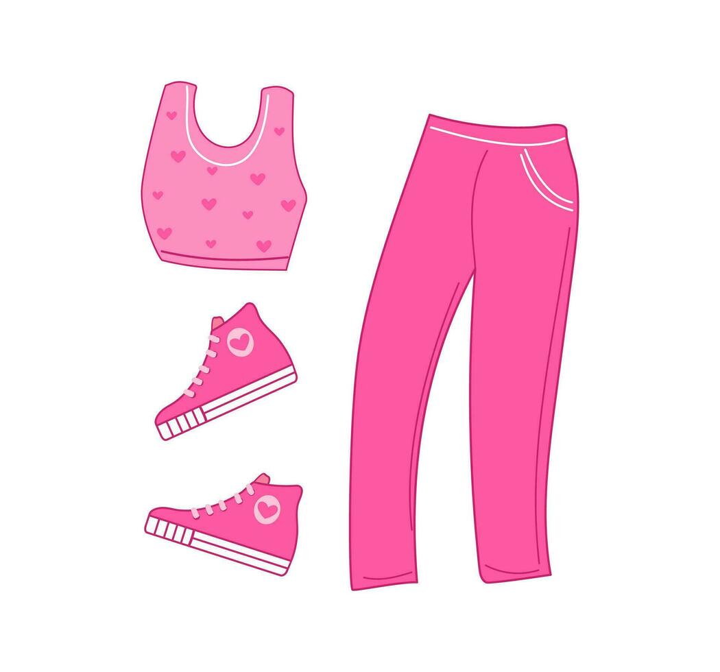 sport- pak en sportschoenen. roze sportschoenen voor joggen, sport. modieus verzameling voor pop, sport stijl. comfortabel modern rennen schoenen. vector illustratie Aan geïsoleerd wit achtergrond.