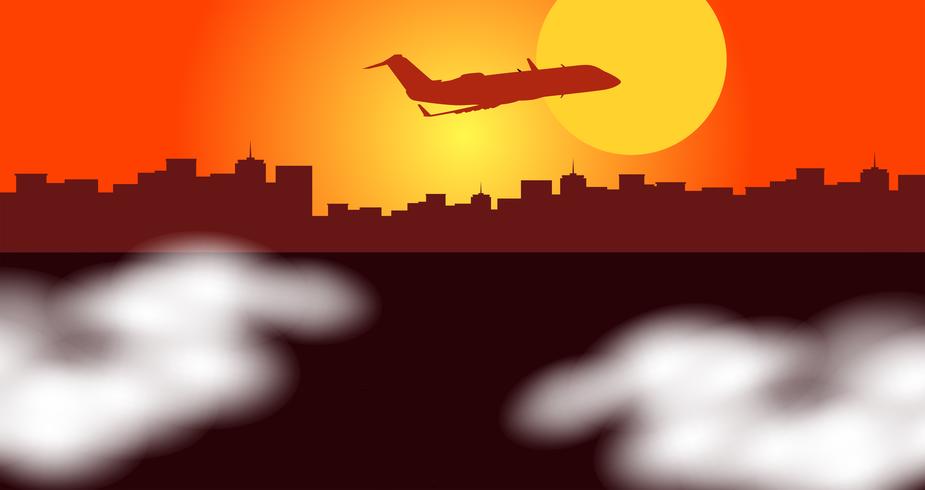 Silhouetscène met vliegtuig die over stad vliegen vector