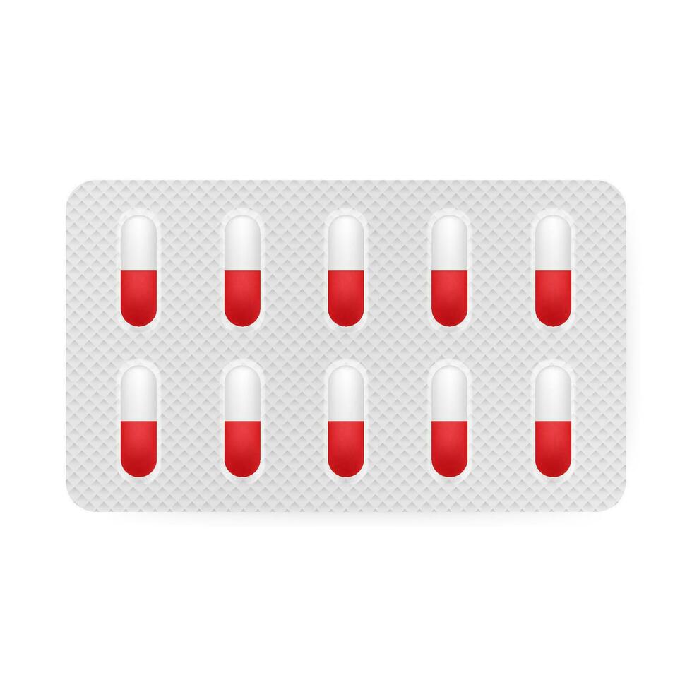 realistisch pillen blaar met capsules Aan wit achtergrond. realistisch bespotten omhoog van pillen verpakking geneesmiddelen, tabletten, capsules. vector illustratie.