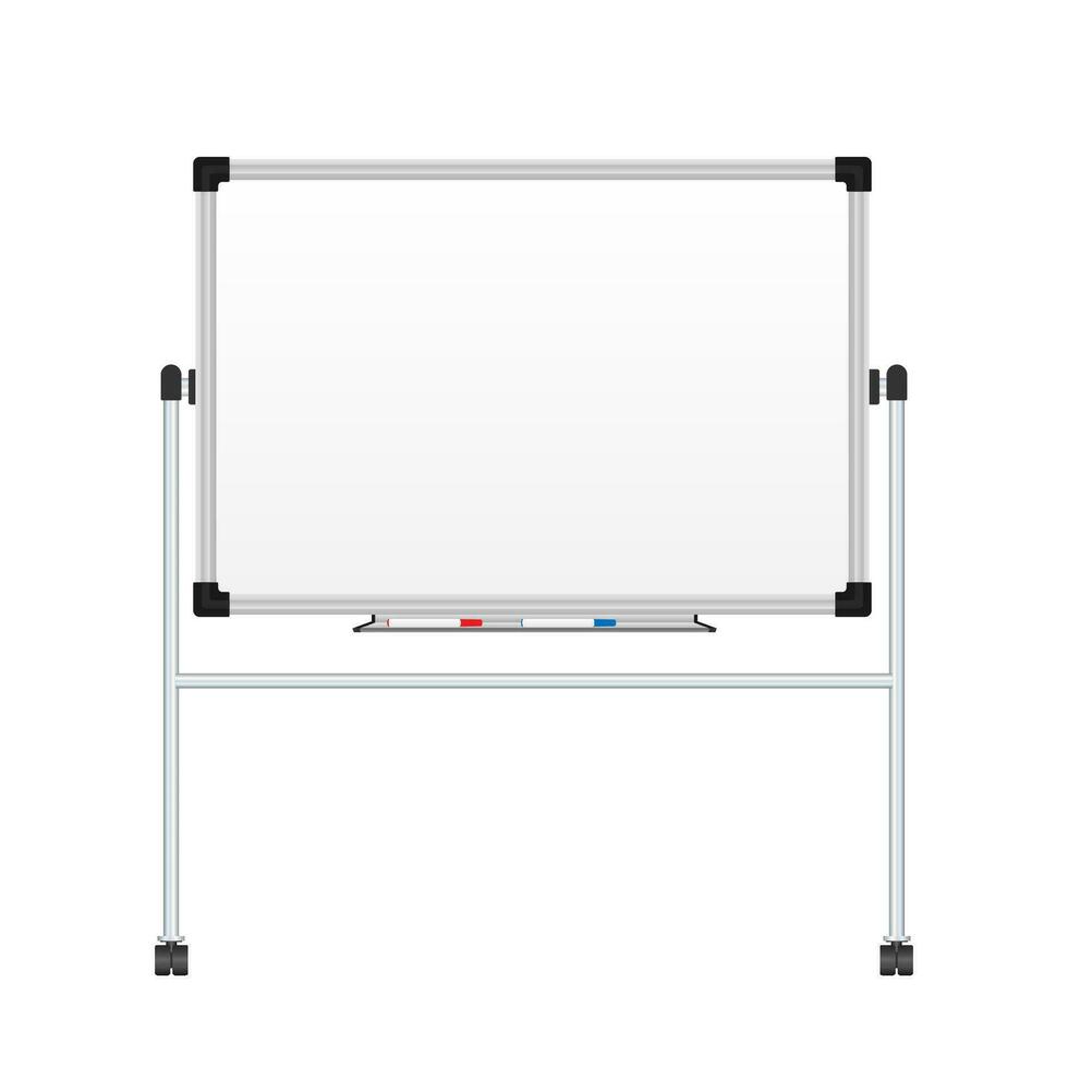 realistisch kantoor whiteboard. leeg whiteboard met markeerstift pennen. vector voorraad illustratie