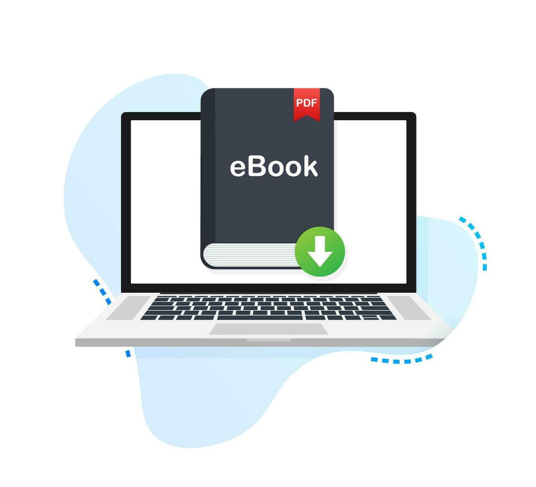 downloaden boek. e boek marketing, inhoud marketing, ebook downloaden Aan laptop. vector illustratie