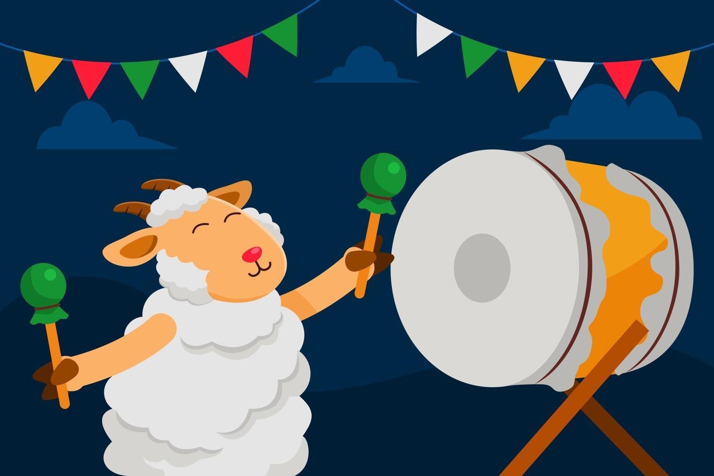 gelukkige schapen die trommel spelen en adha vieren vector