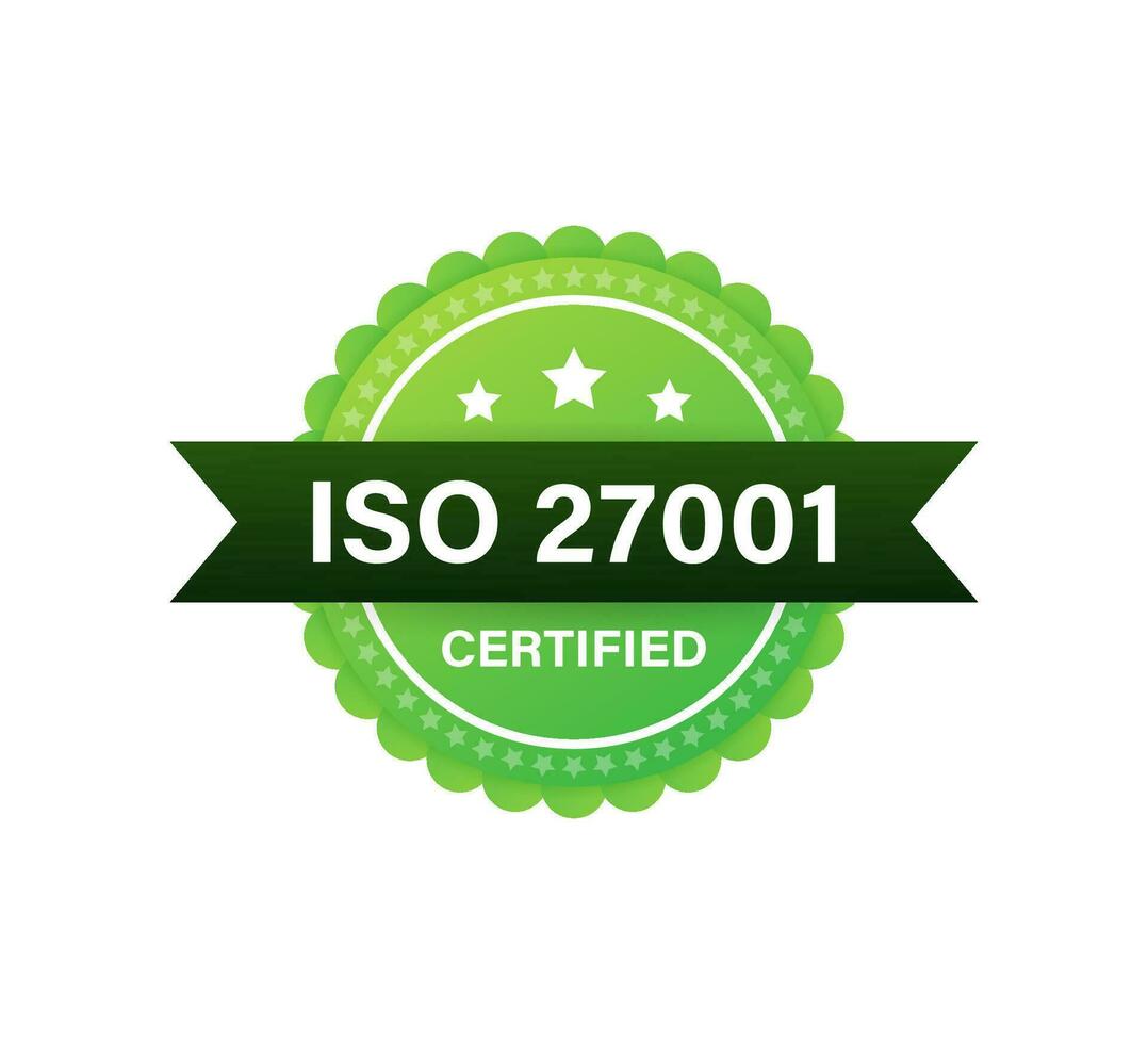 iso 27001 gecertificeerd insigne, icoon. certificaat stempel. vlak ontwerp. vector illustratie