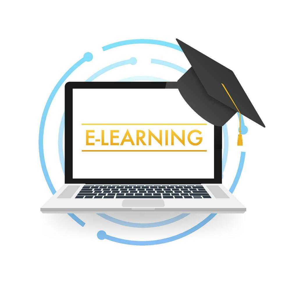 e aan het leren, online onderwijs concept spandoek. online opleiding cursussen. bijlessen. vector illustratie.