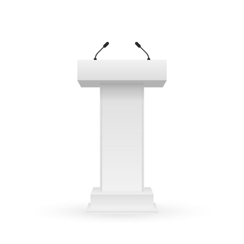 wit podium tribune rostrum staan met microfoons. vector voorraad illustratie