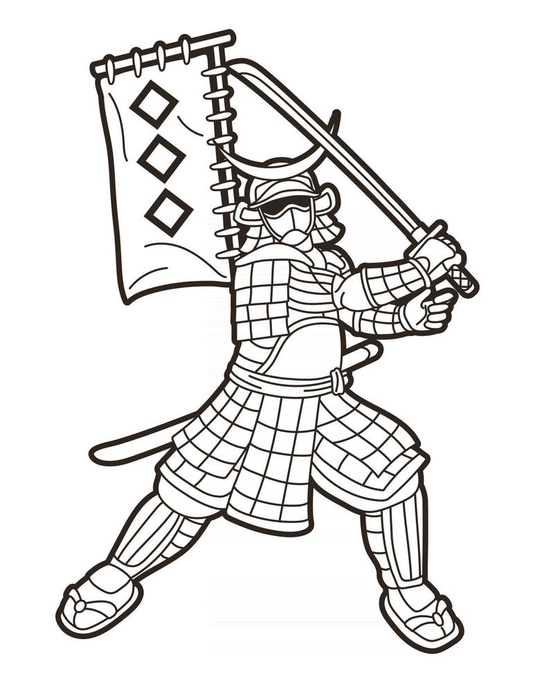 samurai krijger ronin met zwaard en vlag vector