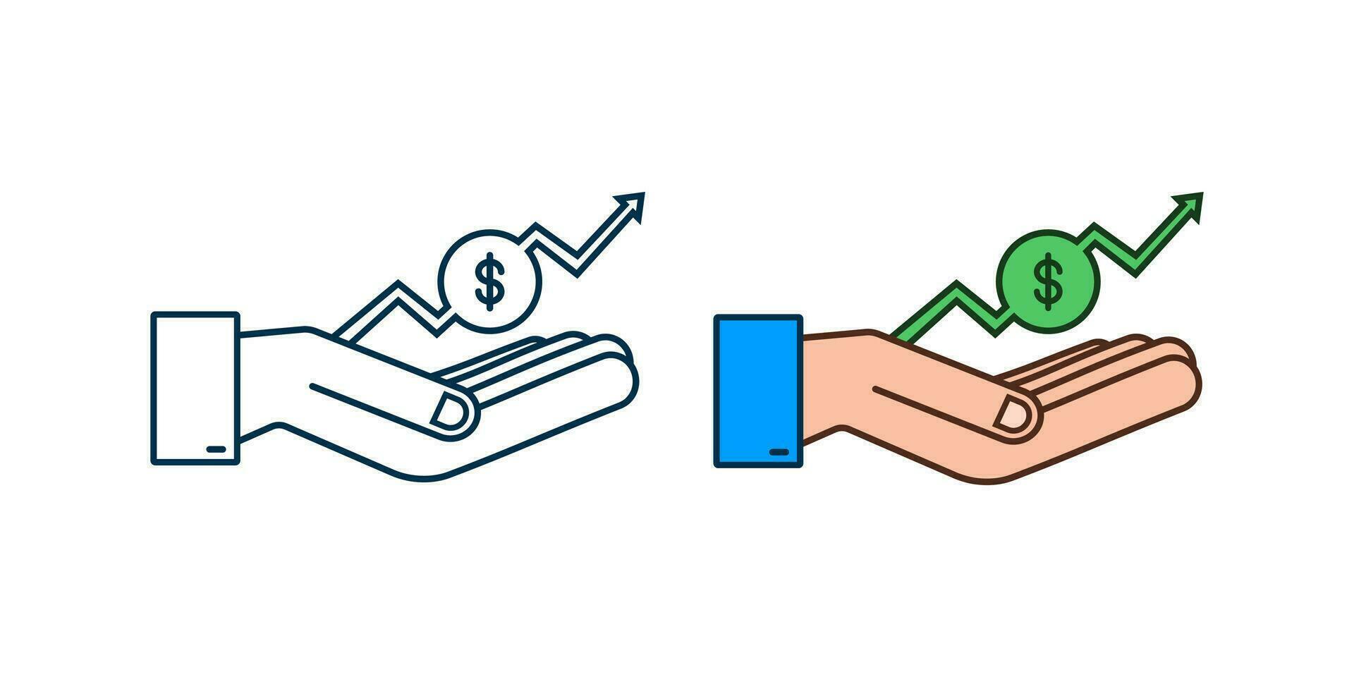 winst geld of begroting. contant geld en stijgende lijn diagram pijl omhoog in handen. hoofdstad verdiensten, ten goede komen. vector voorraad illustratie