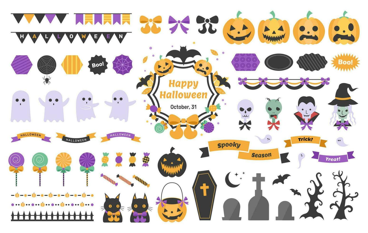 reeks van schattig halloween stickers en tekeningen, symbolen van de vakantie, groep van insignes, etiketten, linten, vector illustraties.