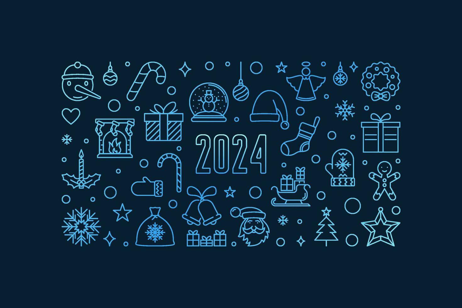 Kerstmis en nieuw jaar 2024 schets horizontaal blauw banier - vector Kerstmis vakantie illustratie
