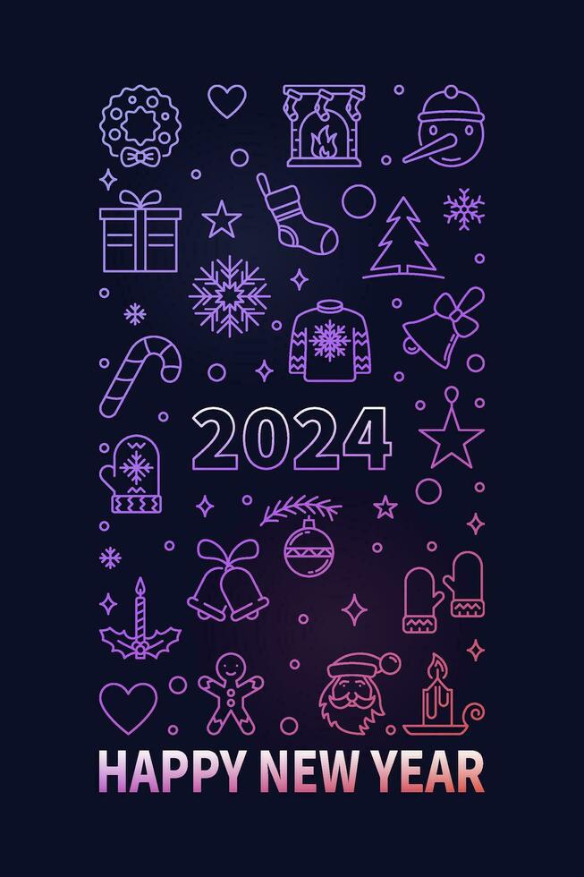 gelukkig nieuw jaar 2024 gekleurde dun lijn verticaal banier of vector illustratie
