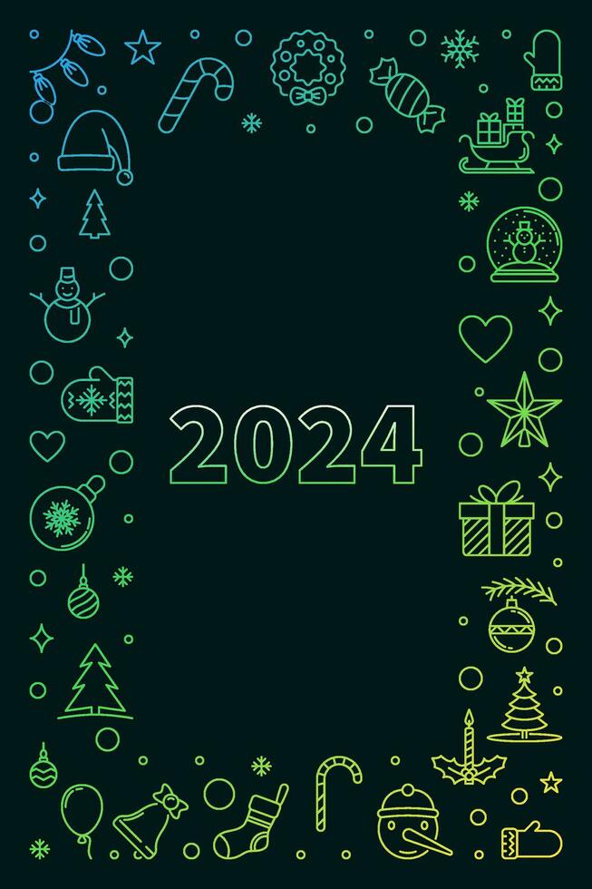 vrolijk Kerstmis 2024 gekleurde verticaal kader of banier in lijn stijl - vector gelukkig nieuw jaar illustratie