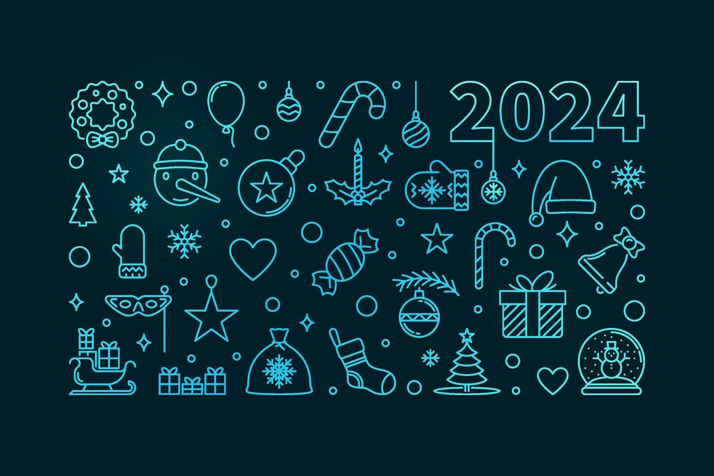 2024 vrolijk Kerstmis gekleurde lineair horizontaal banier - vector gelukkig 2024 nieuw jaar illustratie