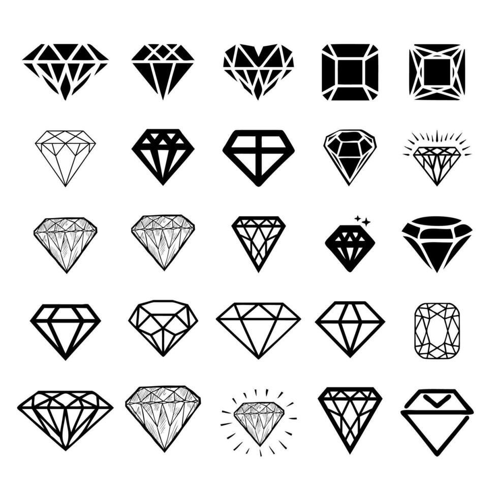 diamanten pictogrammen, diamant juwelen, luxe kwaliteit cadeaus symbolen, gestileerde diamanten verzameling. vector